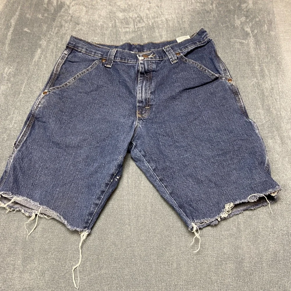 Wrangler Carpenter Shorts Men 32 Blue Denim Stretch Utility Workwear Hammer Loop